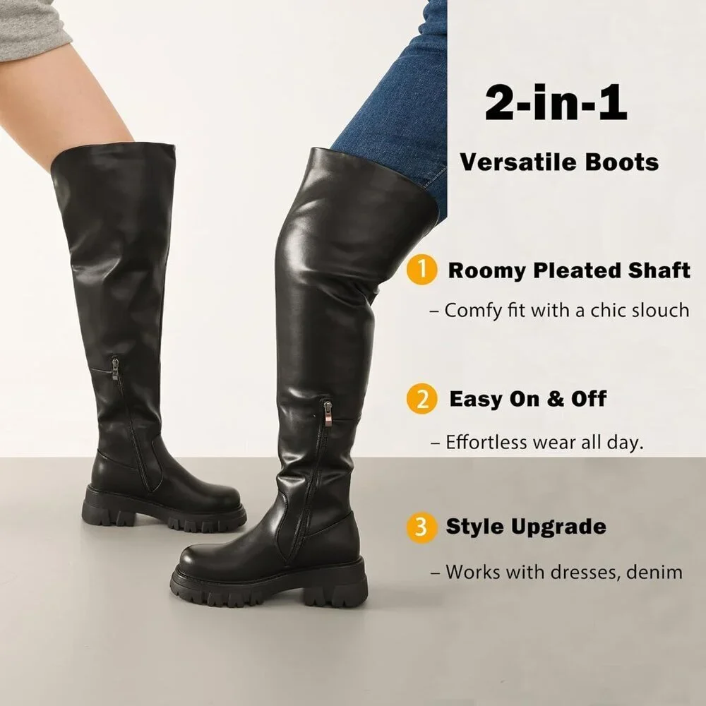 Women Synthetic Platform Over The Knee Lug Sole Chunky Heel Curve-friendly Boots